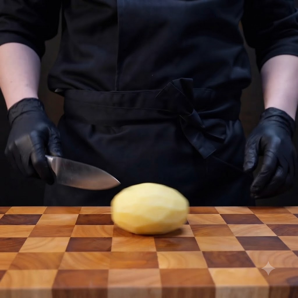 Una patata sbucciata che viene tagliata a cubetti uniformi su un tagliere di legno usando un coltello da chef.