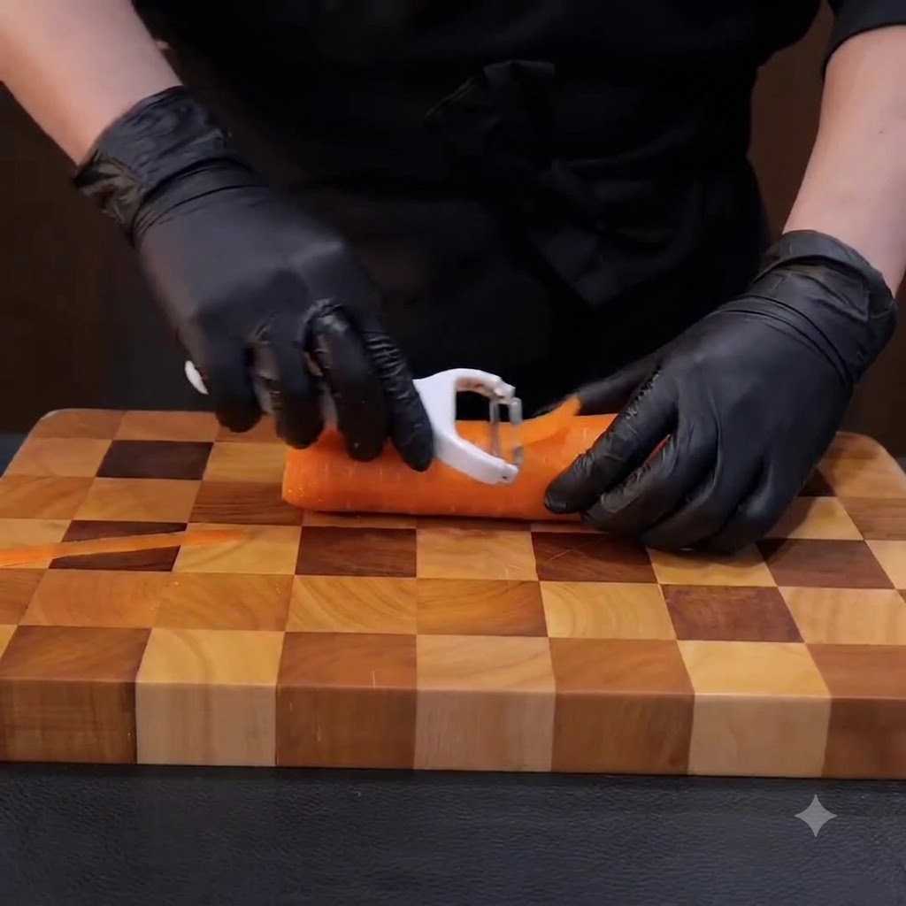 Una carota fresca sbucciata pulitamente con un pelapature bianco su un tagliere di legno.