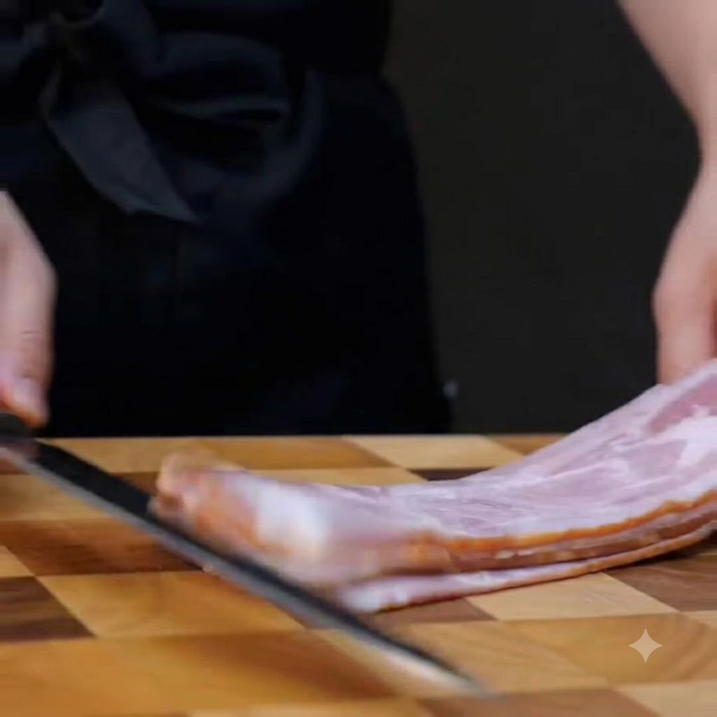 Stisce di pancetta impilate tagliate a pezzi rettangolari grandi con un coltello da chef su un tagliere di legno.