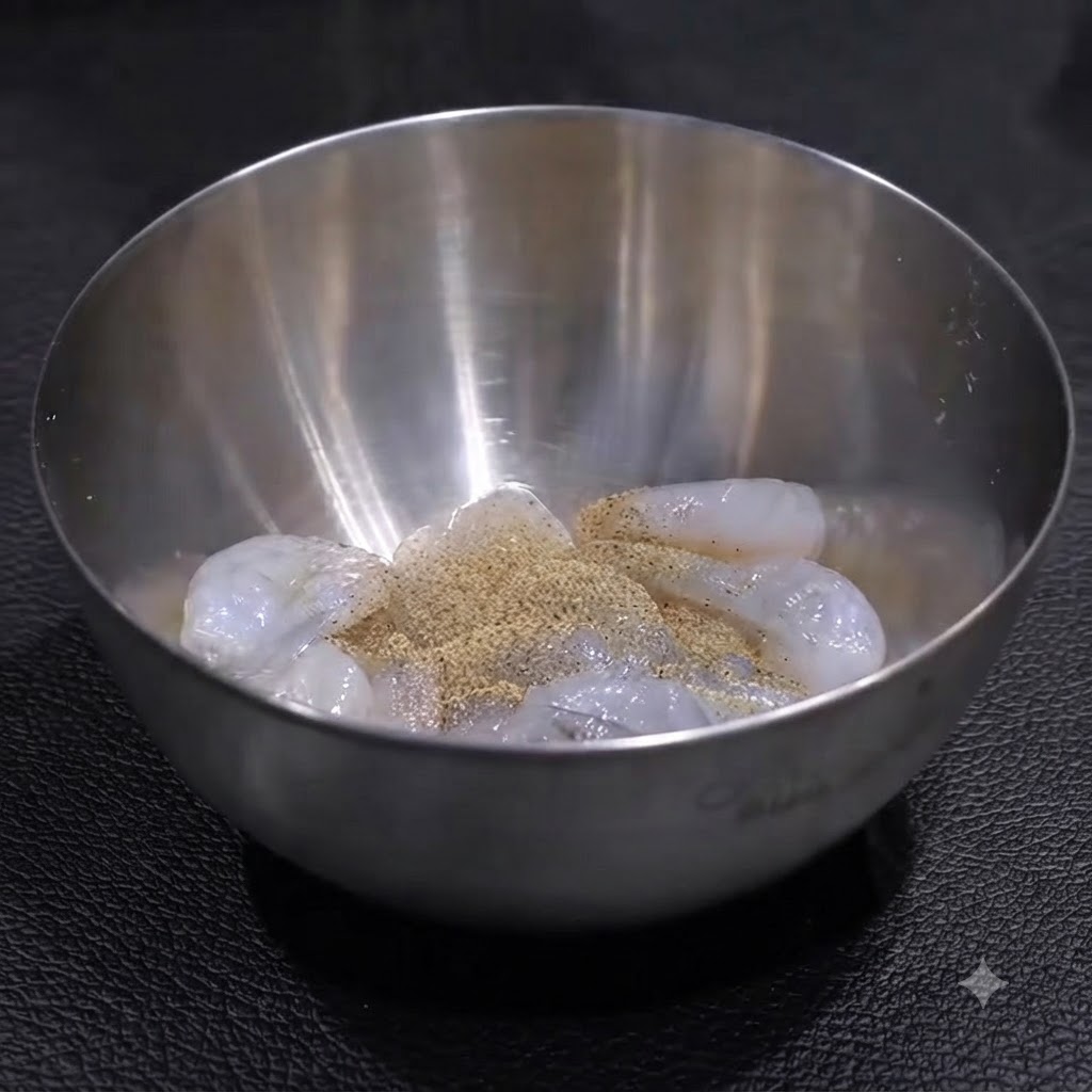 Gamberi crudi allinterno di una ciotola in acciaio inossidabile conditi con uno strato di pepe e sale, pronti per essere mescolati.