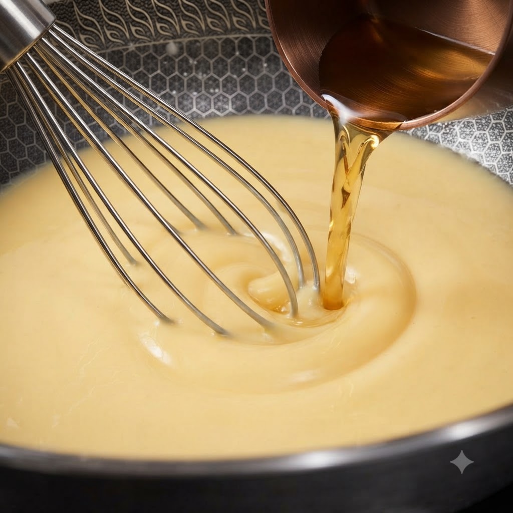 Liquido versato in una padella con burro e farina, sbattuto continuamente.