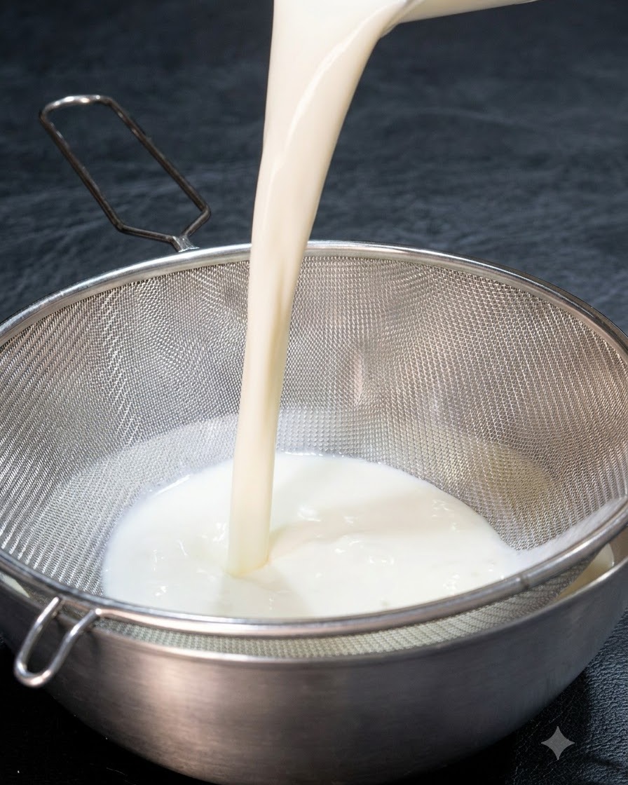 Liquido bianco e cremoso versato attraverso un colino a maglia fine in acciaio inossidabile.