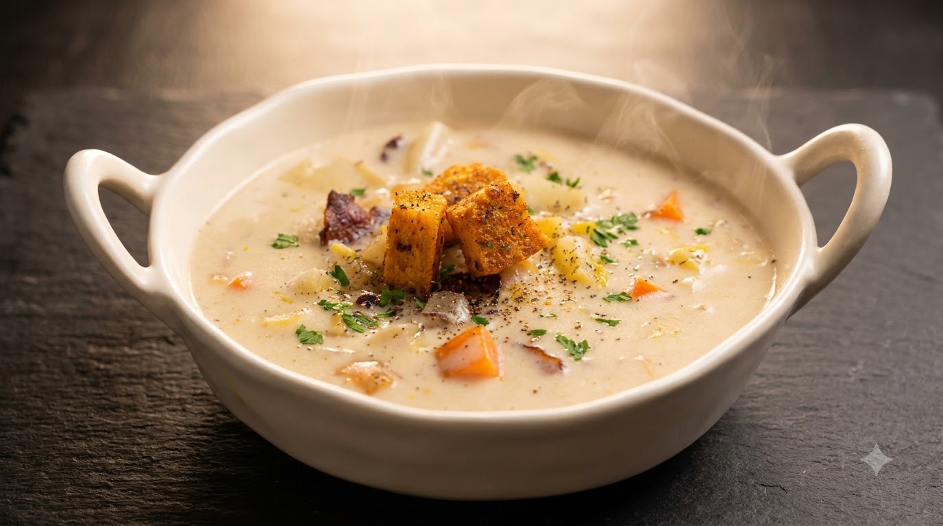 Zuppa Cremosa di Vongole con Pancetta e Gamberi