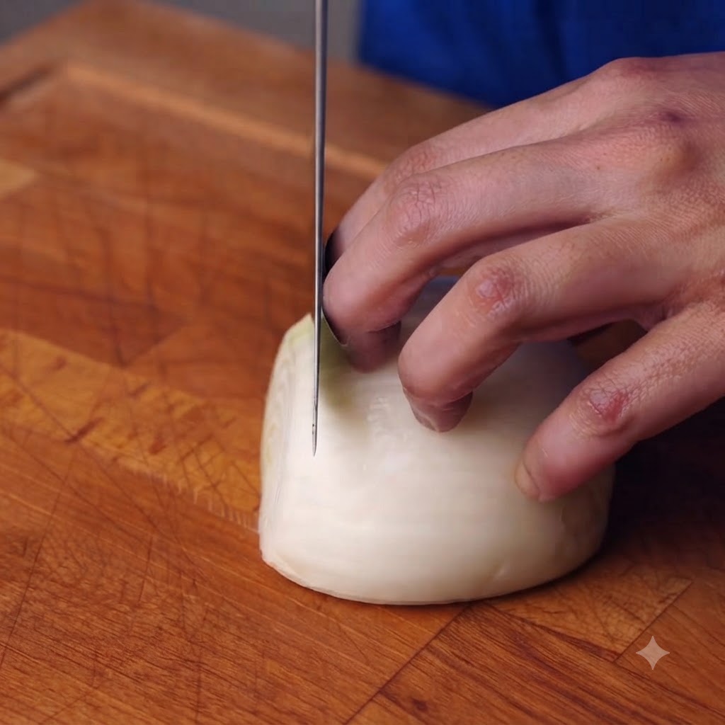Una cipolla tagliata a pezzi con un coltello su un tagliere di legno.