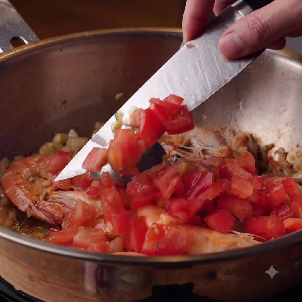 Pomodori tagliati aggiunti a una pentola con gamberi, cipolle e aglio.