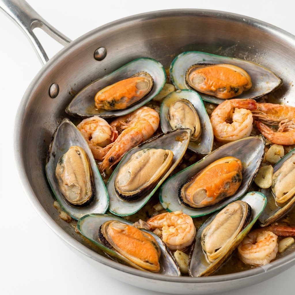 Cozze verdi surgelate disposte in una padella in acciaio inossidabile insieme a gamberi e aglio.