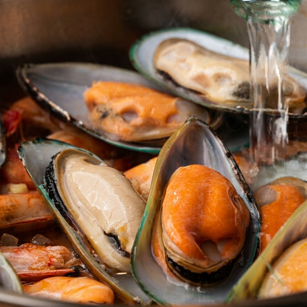 Vino bianco secco versato da una bottiglia in una pentola contenente cozze e gamberi.