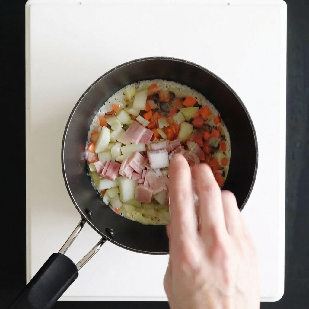 Una mano che insaporisce carote, cipolle e pancetta a dadini in cottura in una casseruola.