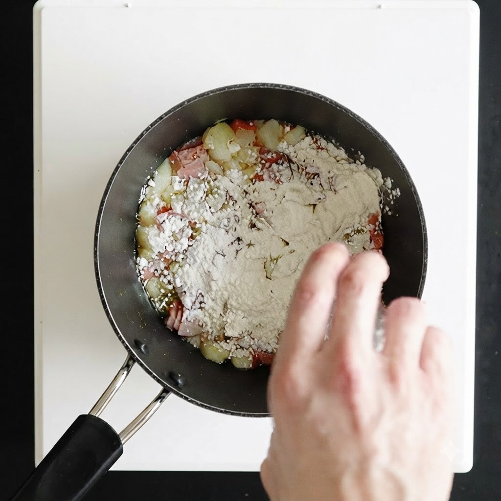 Una mano che mescola la farina bianca in una casseruola piena di verdure cotte e pancetta.
