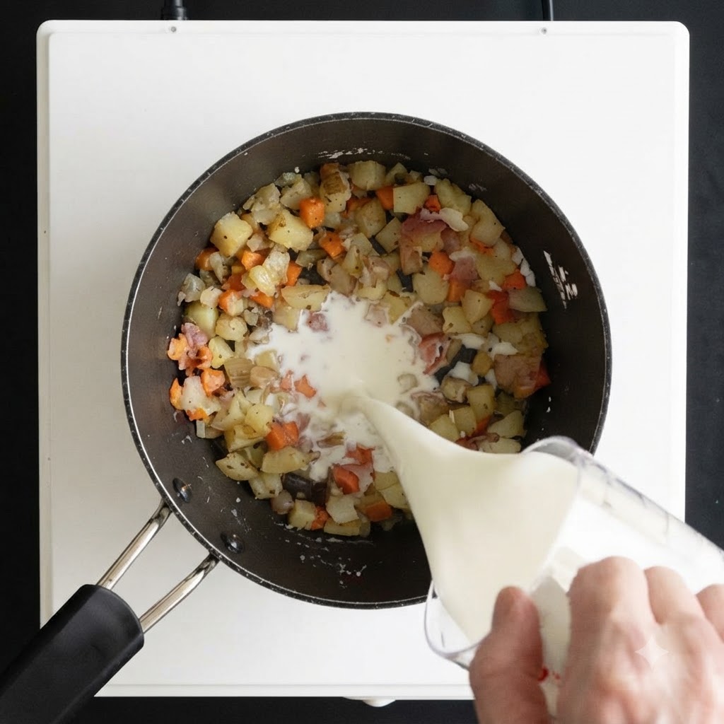 Latte versato da un misurino di vetro in una casseruola di verdure cotte.