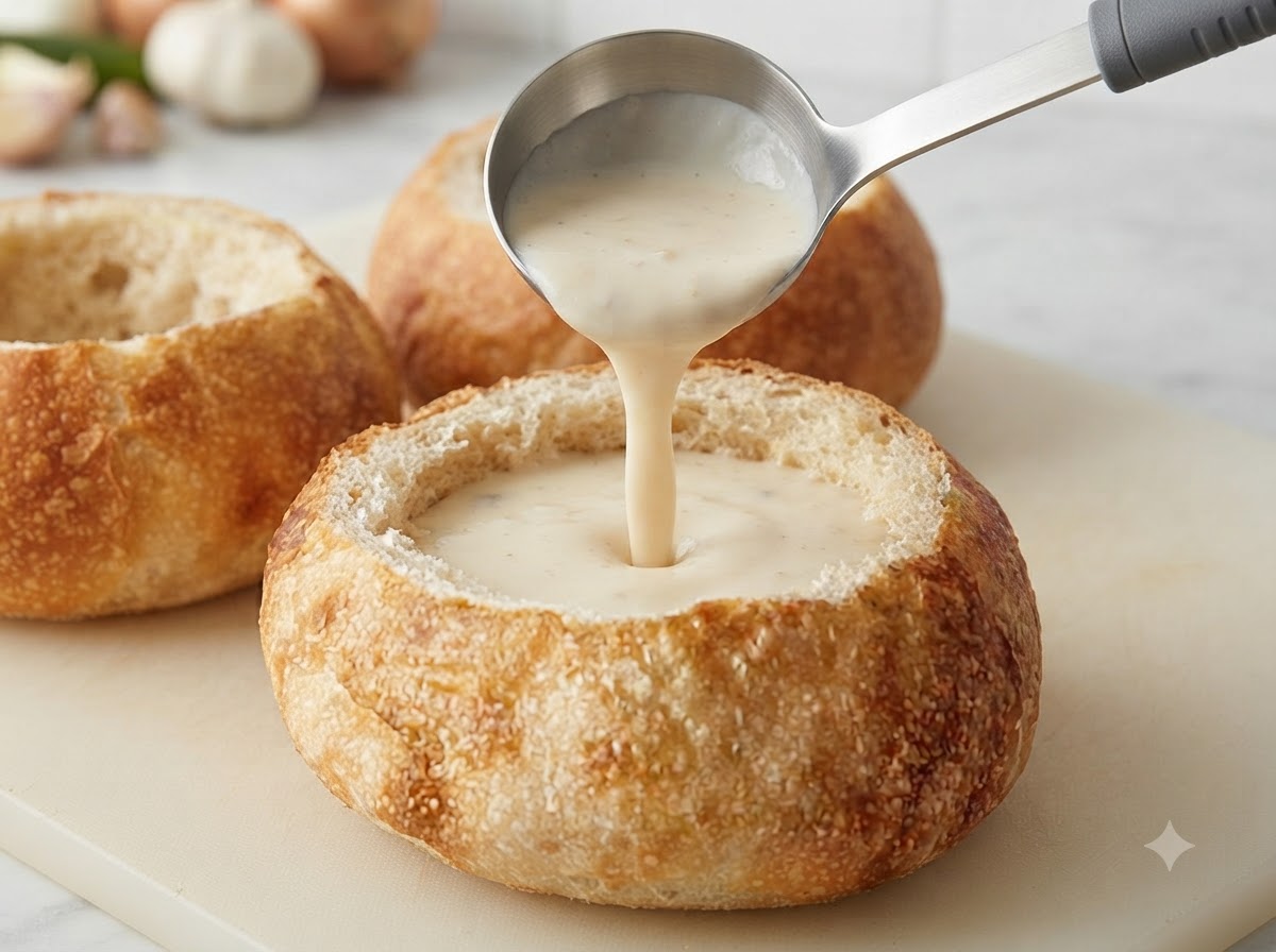 Un mestolo che versa zuppa cremosa al centro di una pagnotta rotonda scavata.