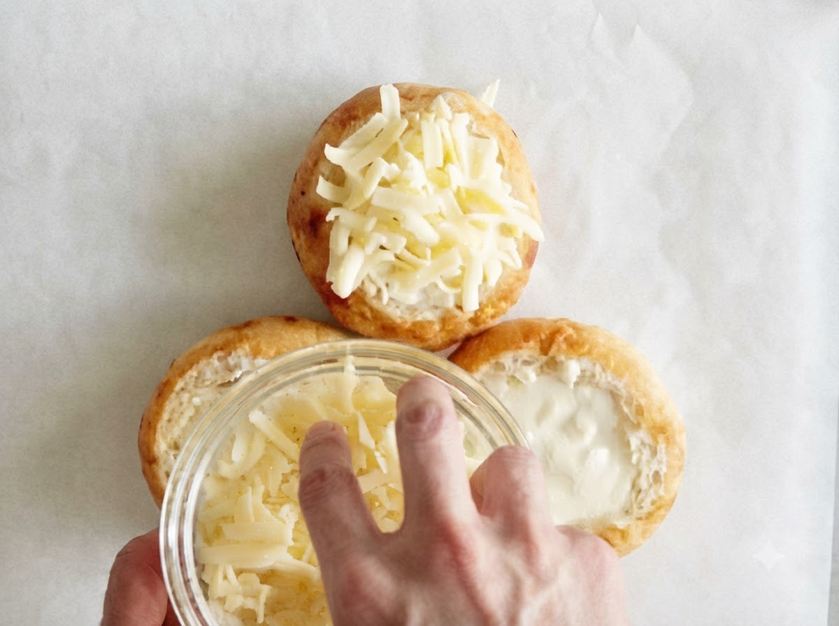 Formaggio grattugiato cosparso a mano da una ciotola di vetro su ciotole di pane riempite di zuppa.