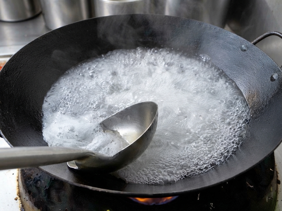 Un mestolo di metallo che rimuove la schiuma bianca dalla superficie di una pentola di zuppa in ebollizione.