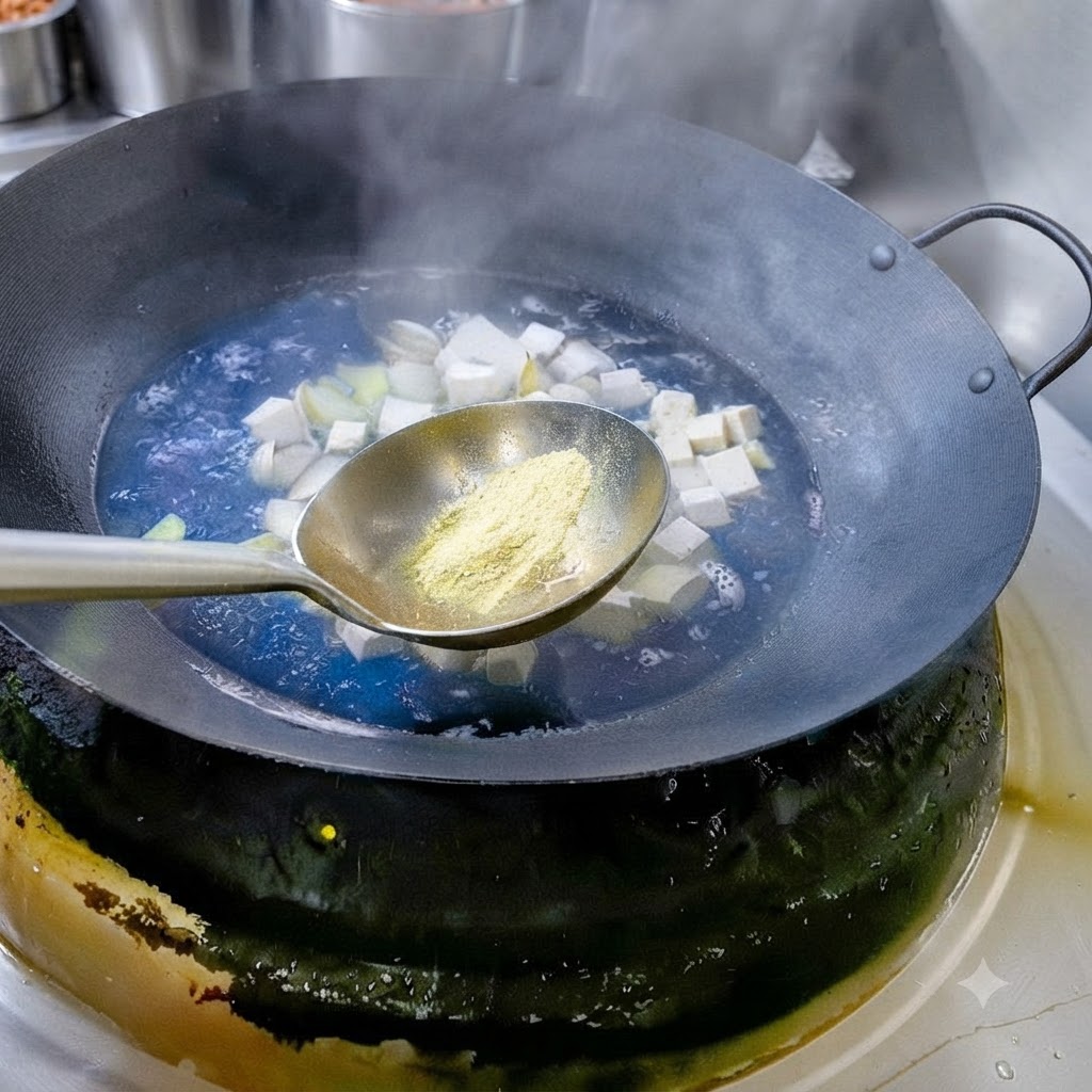 Un cucchiaio di sale e pepe bianco in polvere aggiunto allinterno di una pentola di zuppa che bolle.