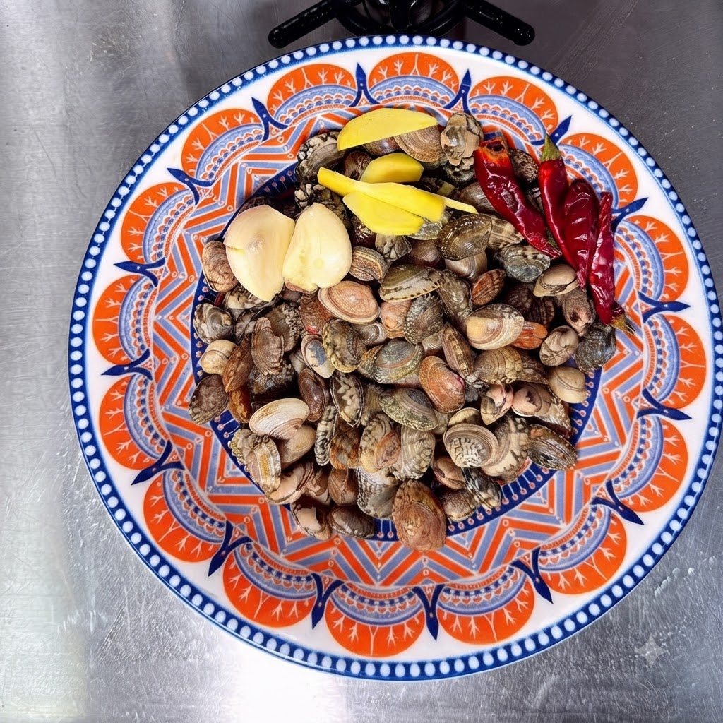 Vongole pulite, fette di zenzero, spicchi daglio e peperoncini secchi disposti su un piatto colorato e decorato.