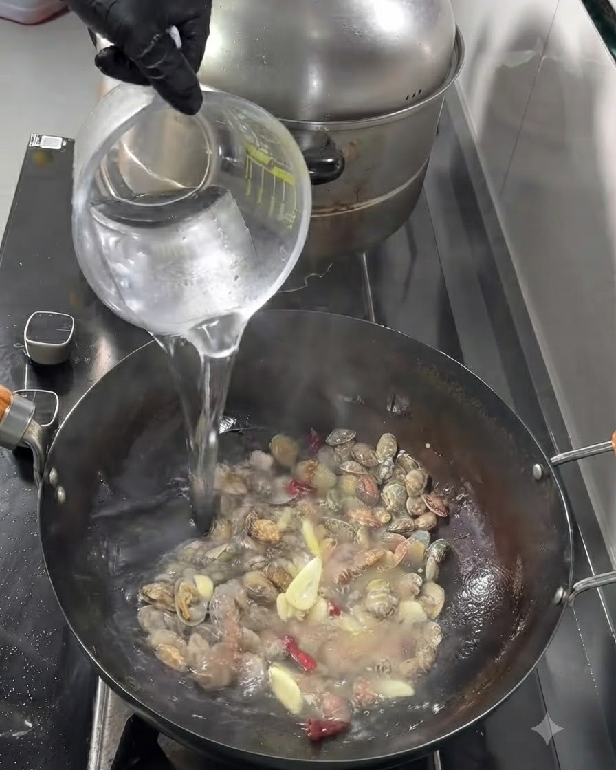Acqua calda versata da un misurino nel wok con gli ingredienti saltati.