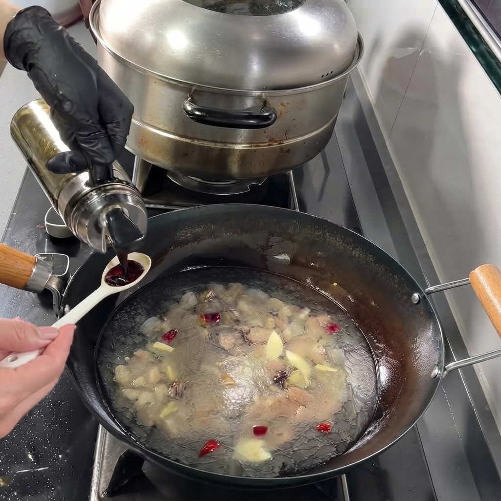 Salsa di soia misurata con un cucchiaio e aggiunta al brodo in ebollizione nel wok.