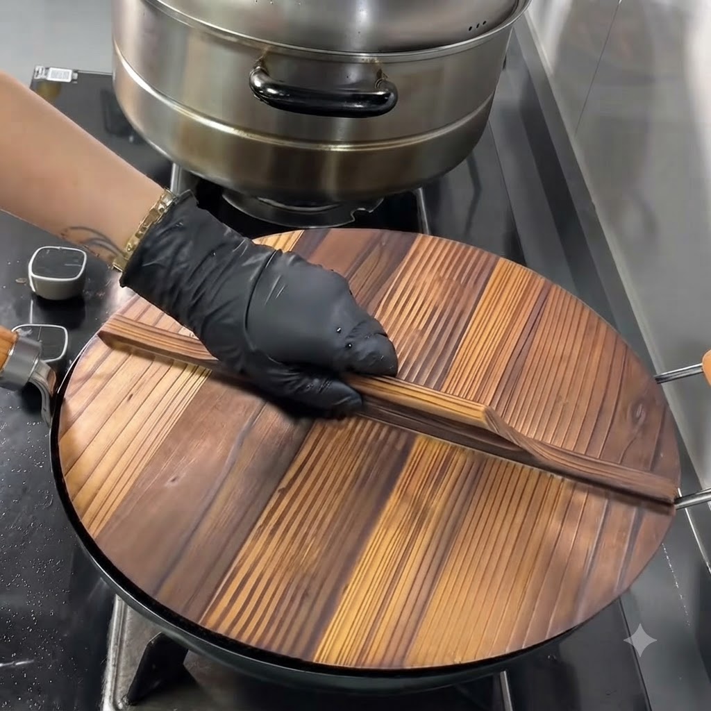 Un coperchio di legno posizionato sul wok per coprire la zuppa in ebollizione.