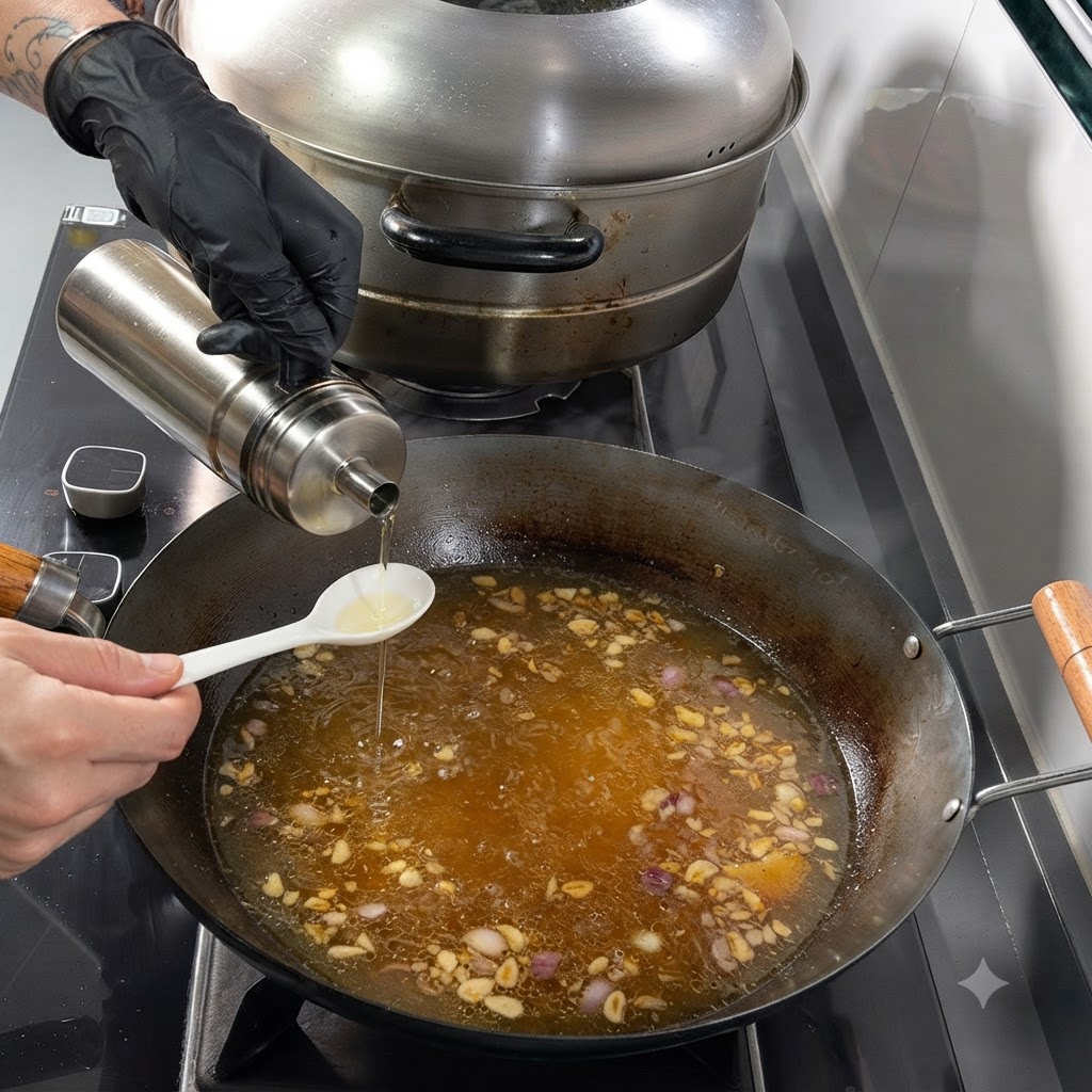 Salsa di soia versata in un cucchiaio tenuto sopra un wok pieno di zuppa e aromi in ebollizione.
