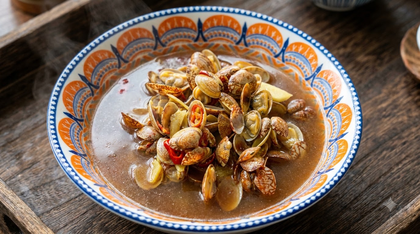 Una ciotola calda di zuppa di vongole alla soia guarnita con peperoncini freschi e zenzero in una ciotola decorata.