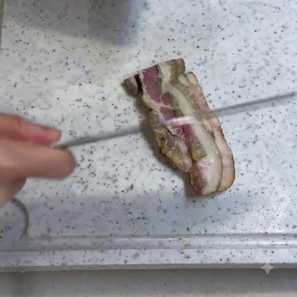 Un pezzo di pancetta affettato su un tagliere bianco.