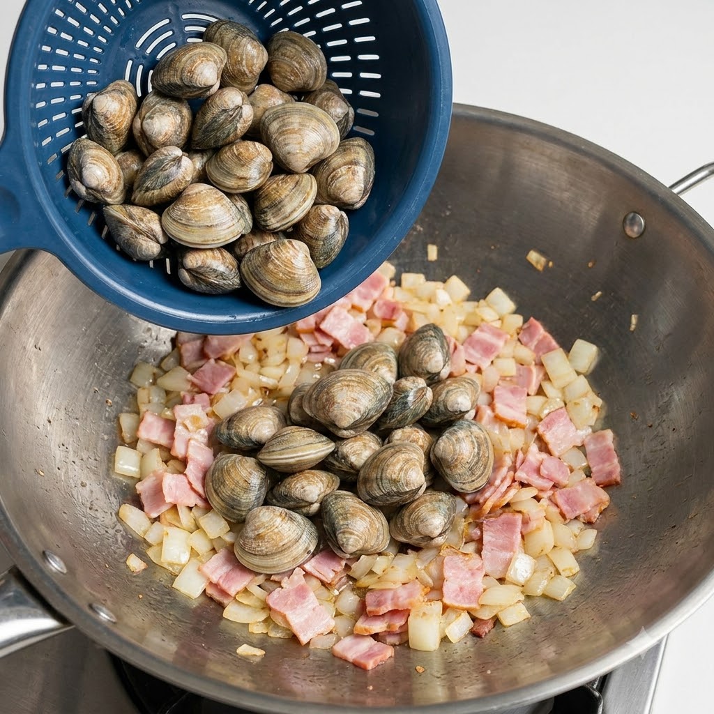 Vongole crude aggiunte nel wok contenente la pancetta e le cipolle soffritte.