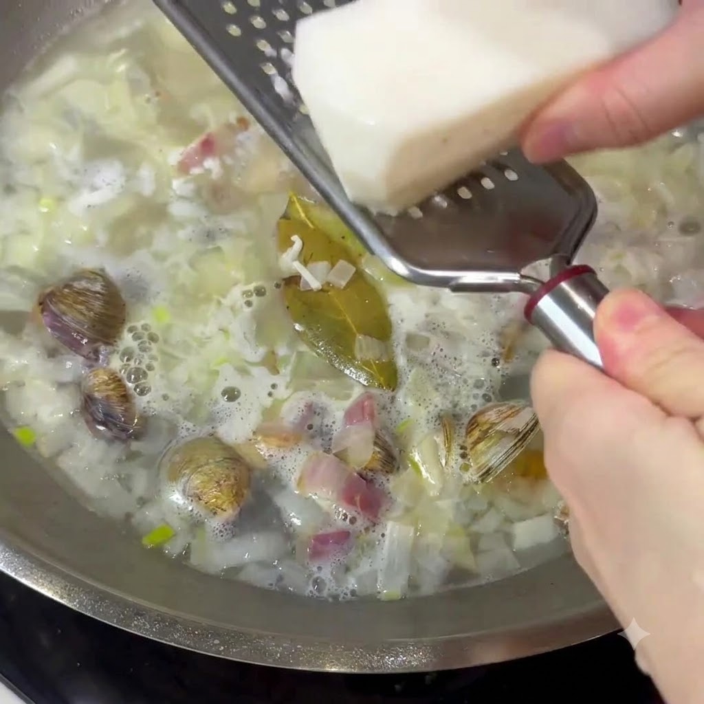 Yam fresco grattugiato con una grattugia di metallo direttamente in un brodo bollente contenente vongole e cipolle.