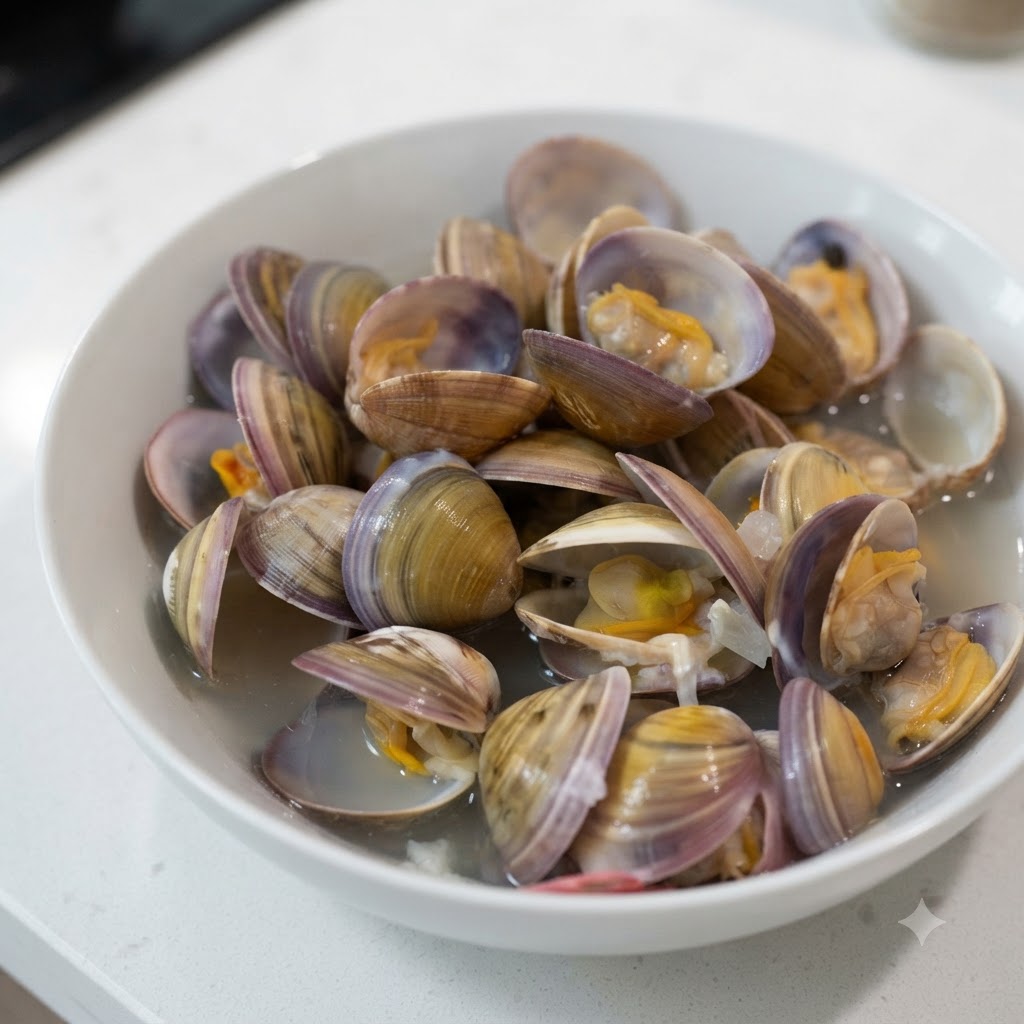 Un piccolo cucchiaio che aggiunge sale bianco in una ciotola bianca riempita di zuppa di vongole cremosa e vongole aperte.