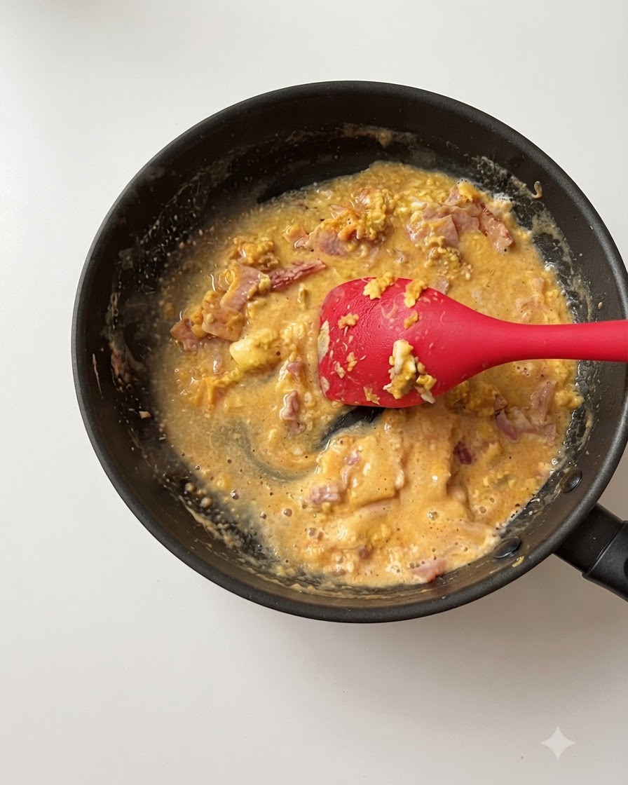 Una spatola in silicone rosso che mescola una salsa densa dorata di uovo salato e pancetta in una padella.