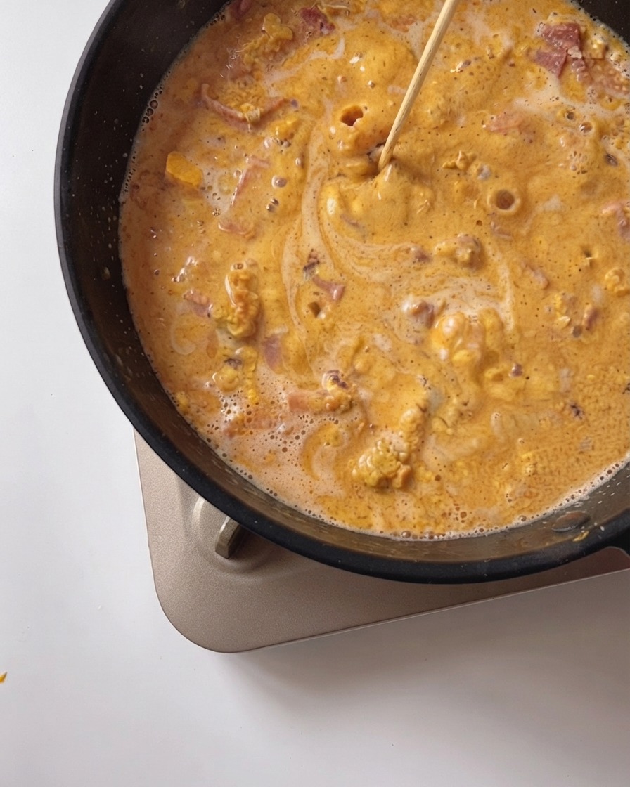 Panna da cucina versata e amalgamata nella salsa che sobbolle nella padella.