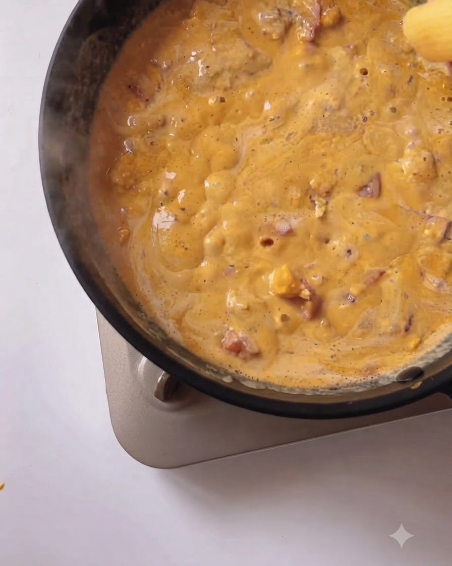 Pezzi di pasta cotta gettati nella ricca salsa cremosa nella padella.