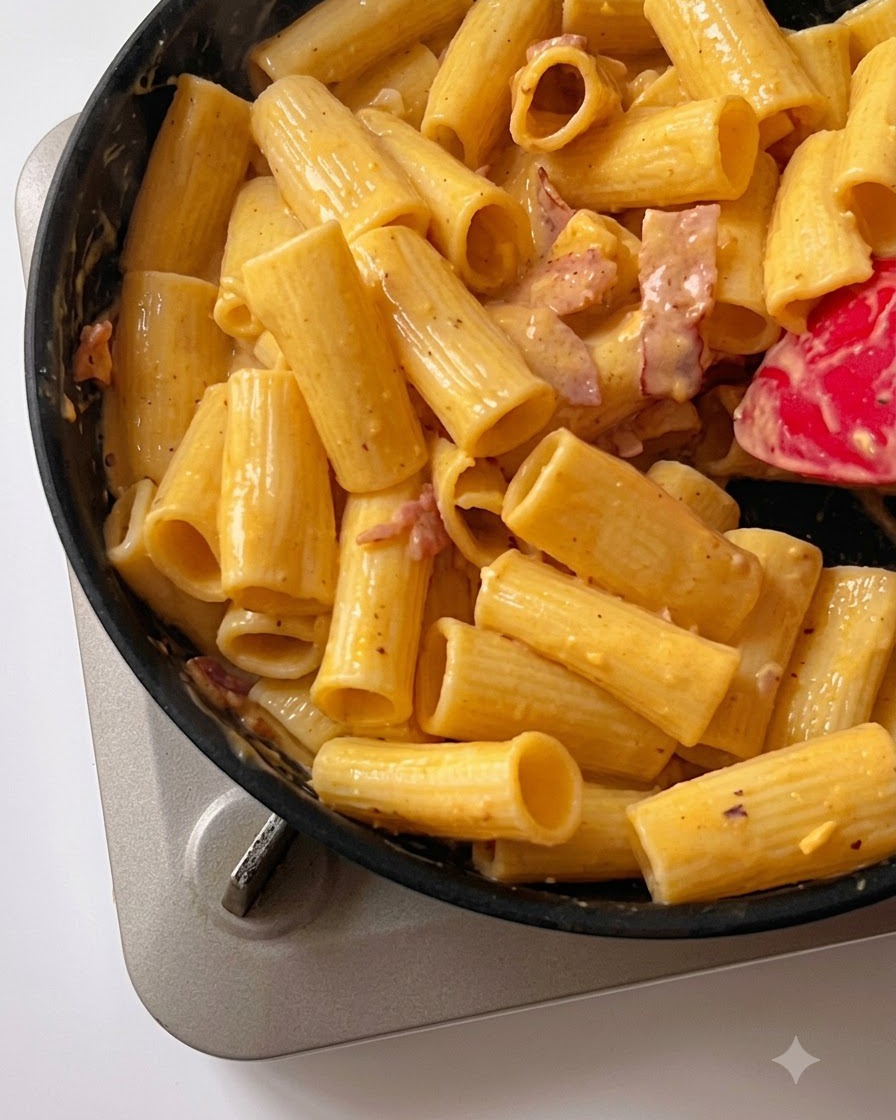 Condimenti cosparsi sulla pasta e sulla miscela di salsa nella padella.