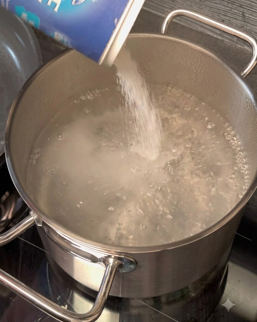Sale grosso versato da una scatola blu in una pentola dacciaio con acqua bollente.