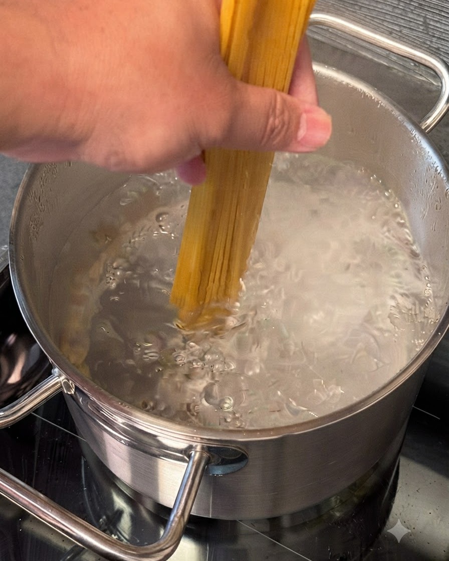 Una manciata di spaghetti spessi numero 7 calati in una pentola di acqua bollente.