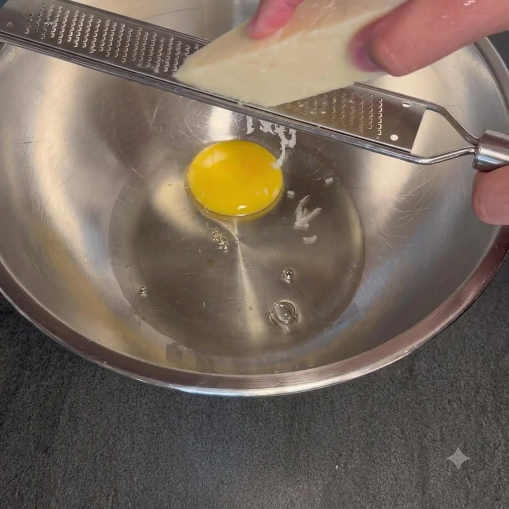 Una mano che tiene un blocco di formaggio contro una grattugia di metallo sopra un uovo dentro una ciotola dacciaio.
