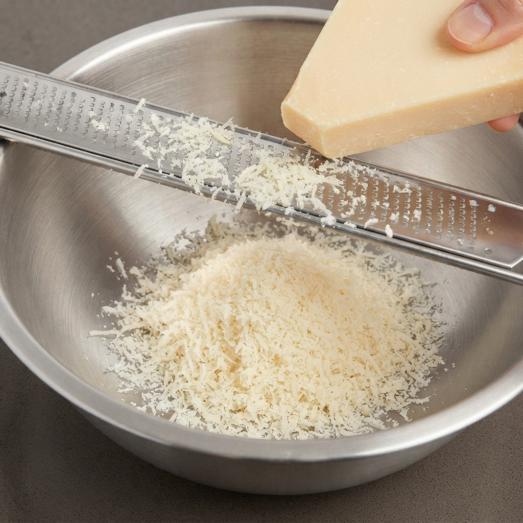 Formaggio parmigiano grattugiato con una grattugia di metallo sopra la ciotola.