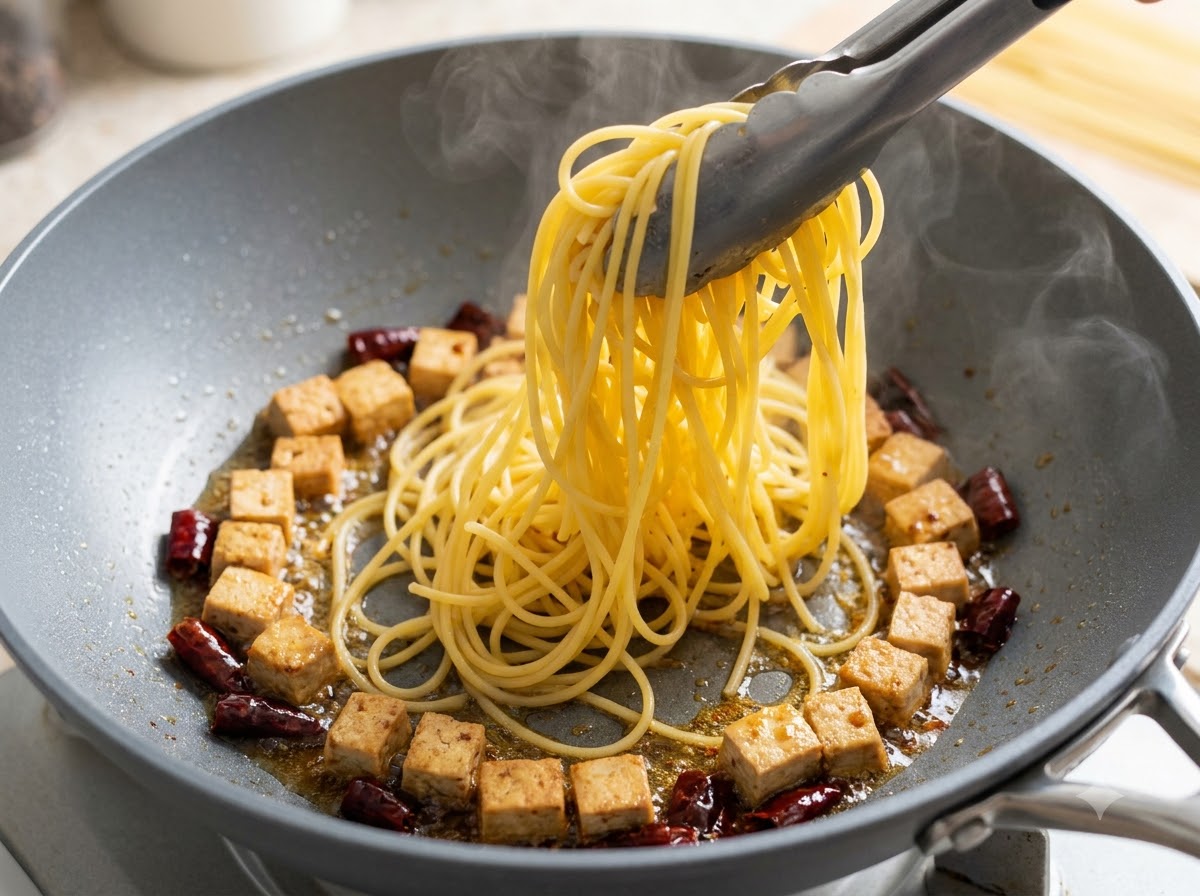 Fili di spaghetti sollevati con le pinze in una padella con maiale a cubetti.