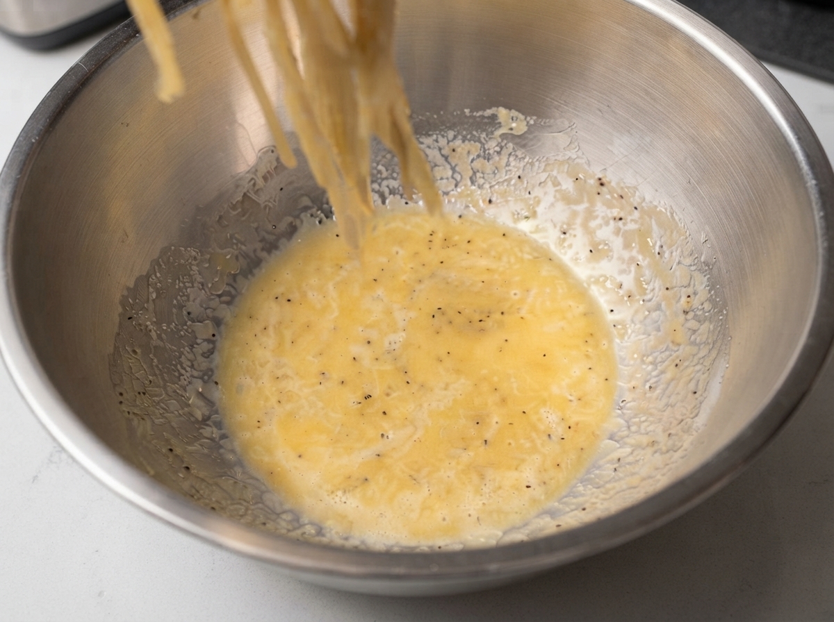 Fili di spaghetti caldi sollevati e versati da una padella nella ciotola con la salsa di uova e formaggio.
