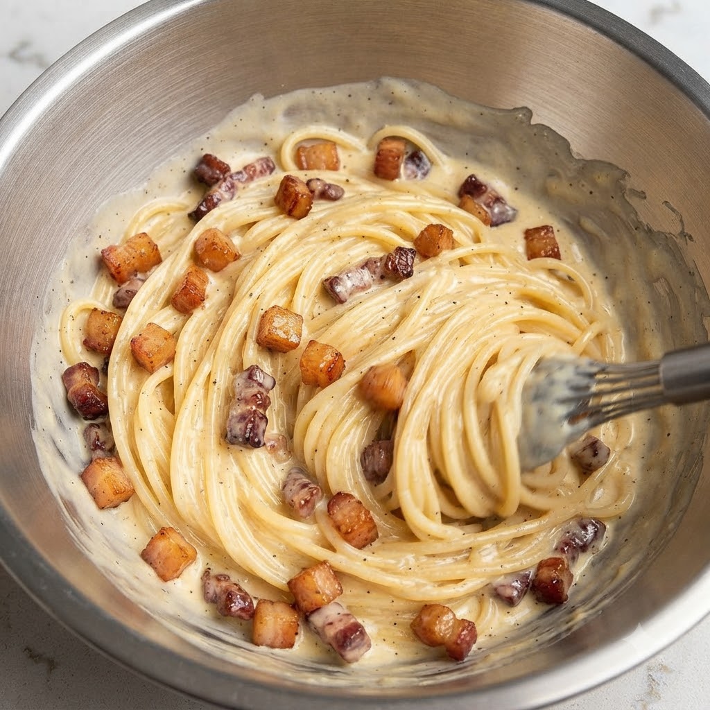 Spaghetti mescolati con pezzi di pancetta croccante sbattuti energicamente con una frusta dentro una ciotola di metallo per creare una salsa cremosa.