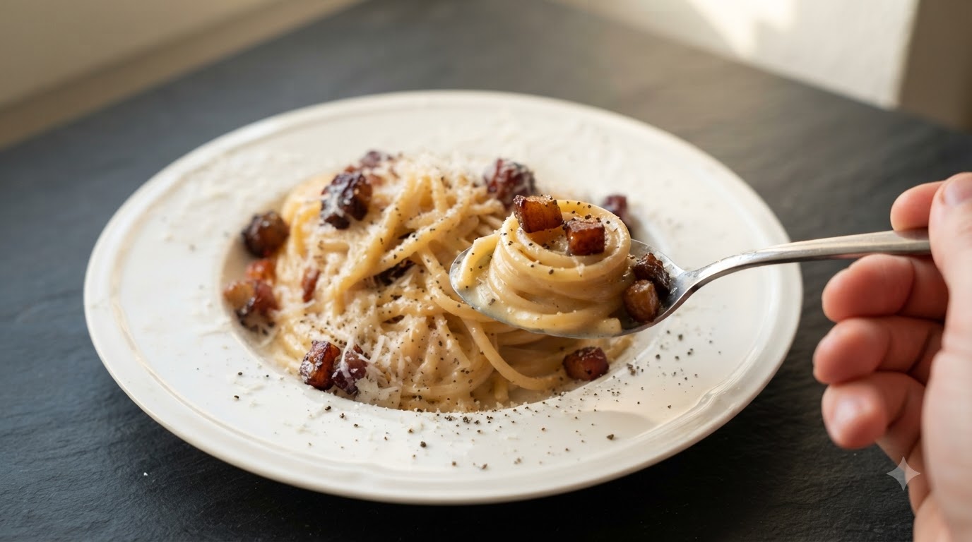 Un piatto di spaghetti alla carbonara cremosi guarniti con cubetti di pancetta croccante, formaggio grattugiato e pepe nero macinato fresco.