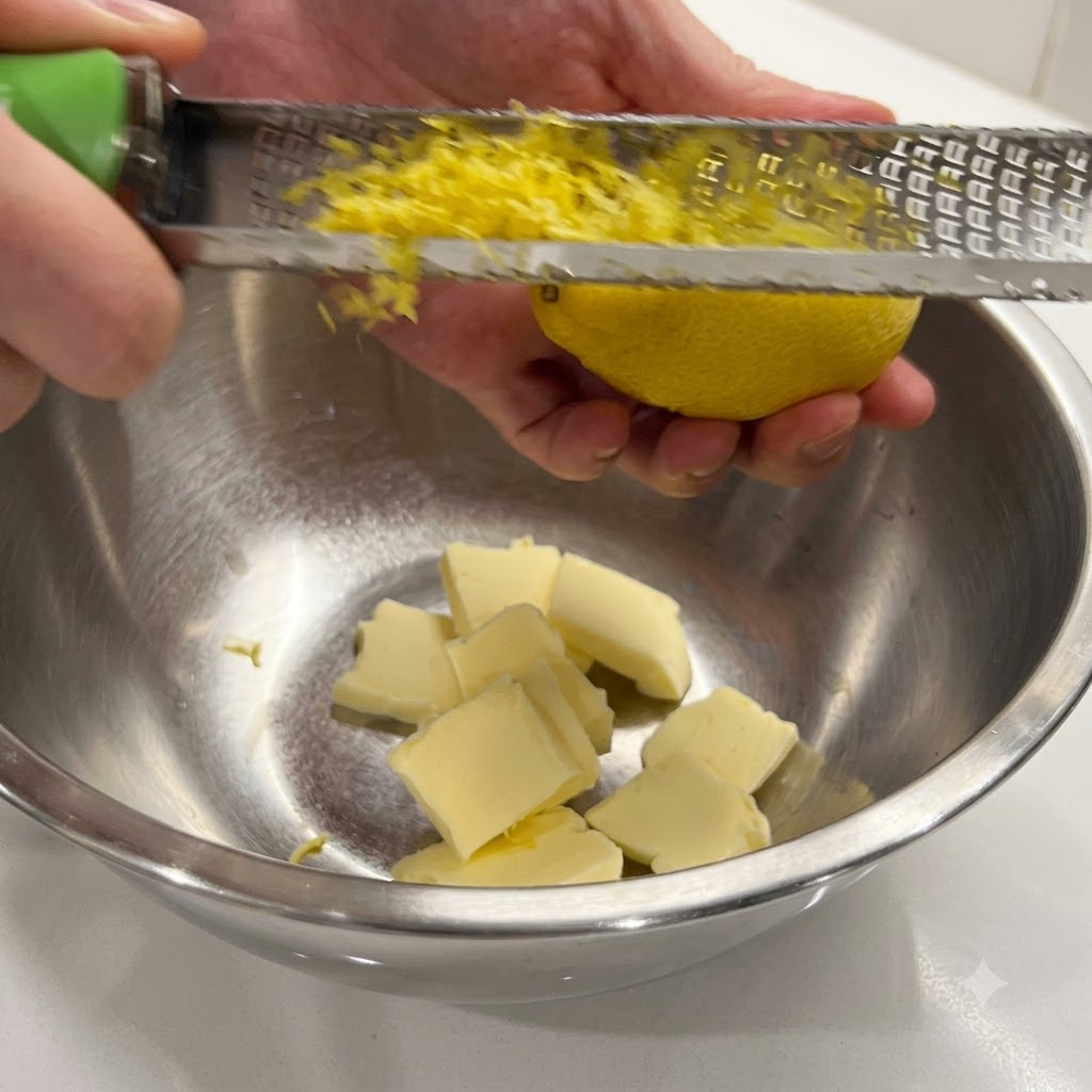 Una mano che utilizza una grattugia fine per scorzare un limone fresco sopra una ciotola di metallo con cubetti di burro.