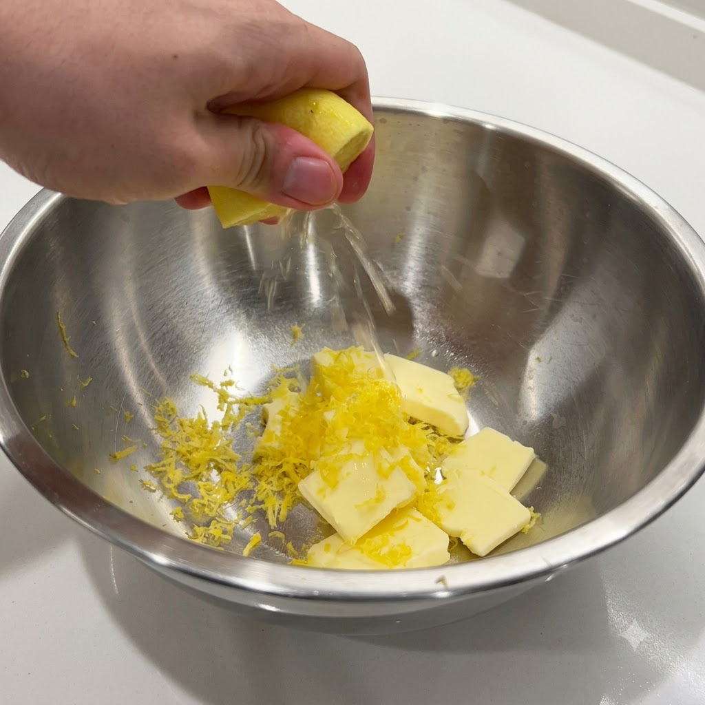 Una mano che spreme mezzo limone, rilasciando il succo fresco nella ciotola di metallo con burro e scorza.