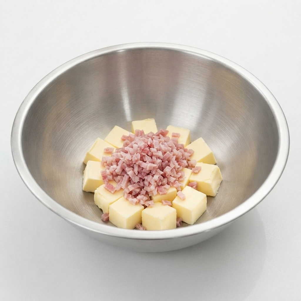 Un mucchietto di pancetta tritata finemente sopra i cubetti di burro e la miscela di limone in una ciotola di metallo.
