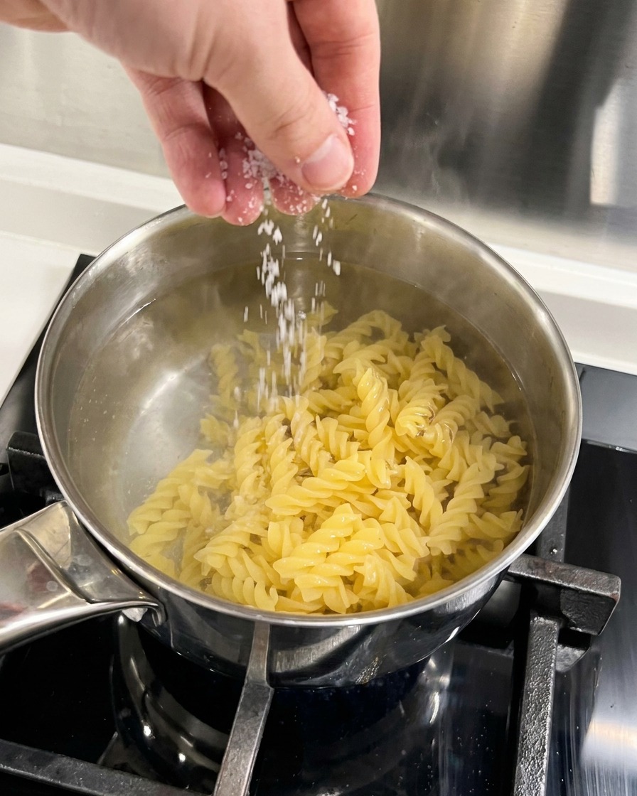 Una mano che sparge sale grosso in una pentola di acqua bollente con pasta a spirale in cottura.