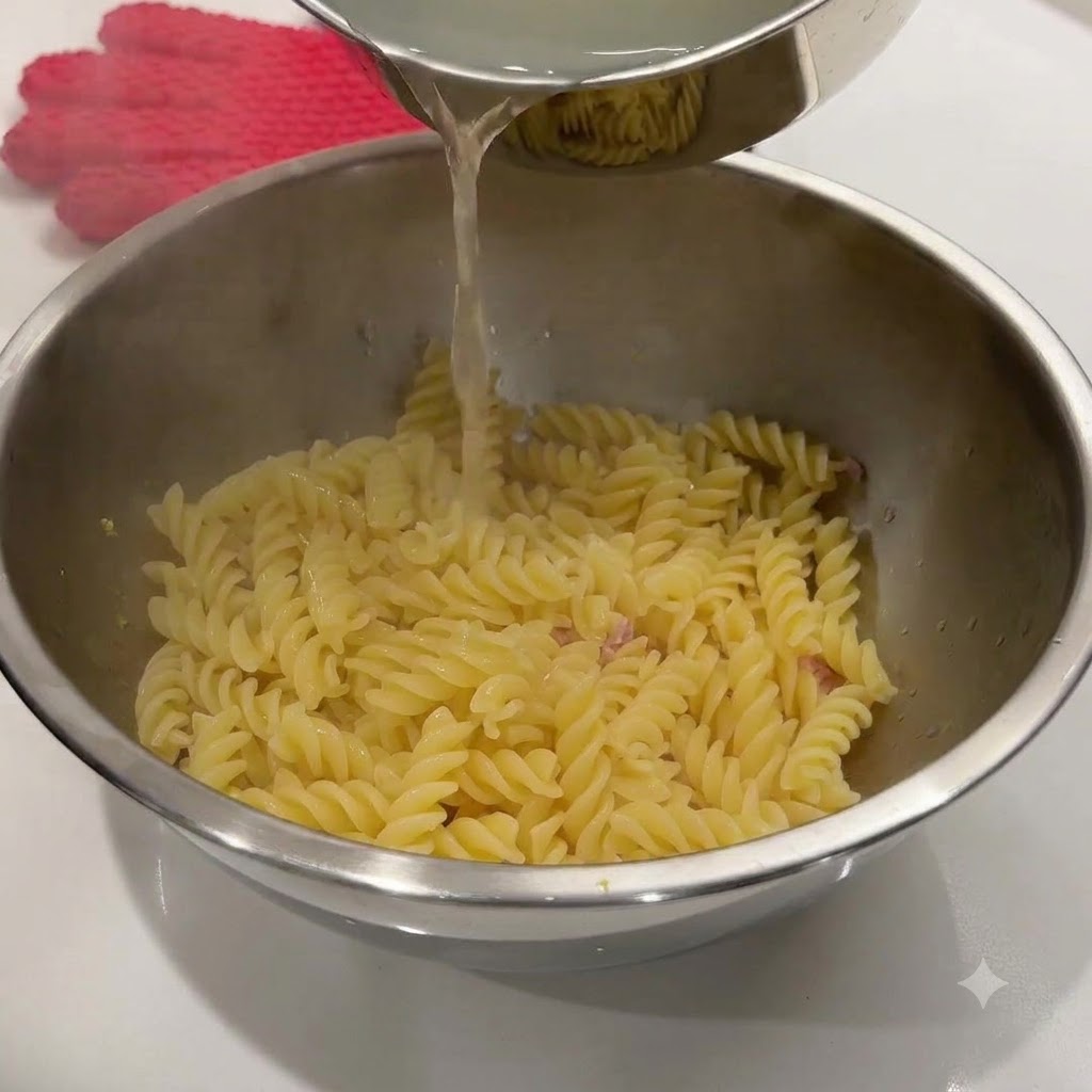 Versamento di acqua di cottura calda della pasta da un pentolino in una ciotola di metallo con pasta a spirale.