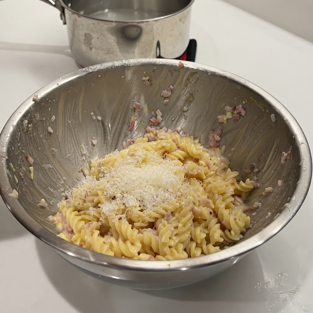 Formaggio Parmigiano fresco grattugiato sopra la pasta a spirale in una ciotola di metallo.