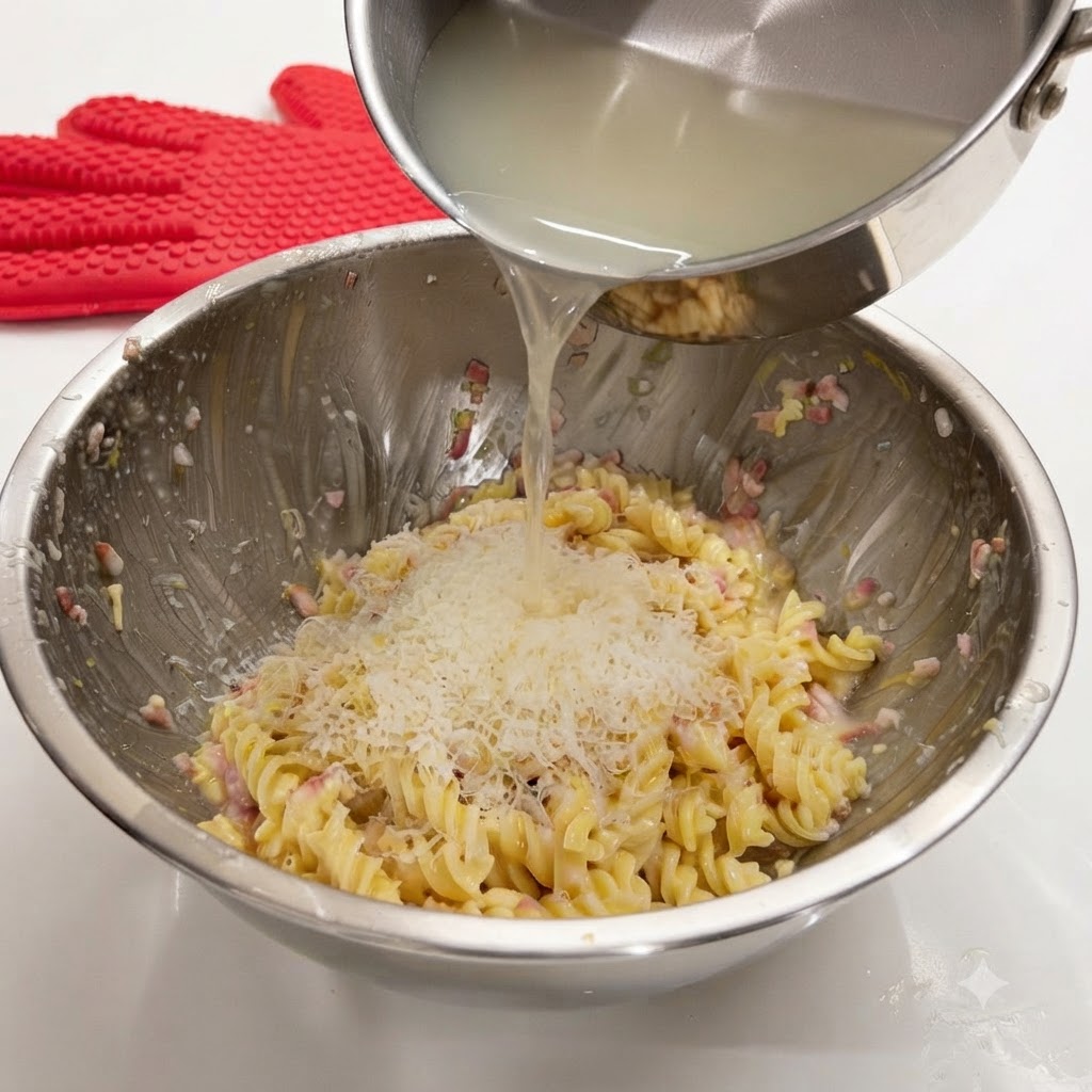 Versamento di acqua calda della pasta da un pentolino sopra il Parmigiano grattugiato e la pasta a spirale.