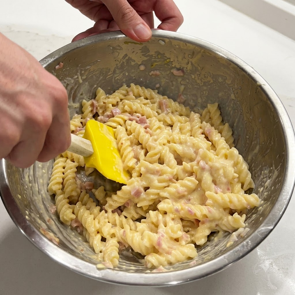 Mescolare la pasta a spirale in una ciotola di metallo con una spatola gialla per creare una salsa cremosa al limone e burro.