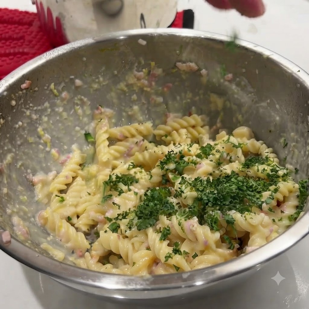 Prezzemolo verde tritato spolverato su una ciotola di pasta a spirale cremosa.