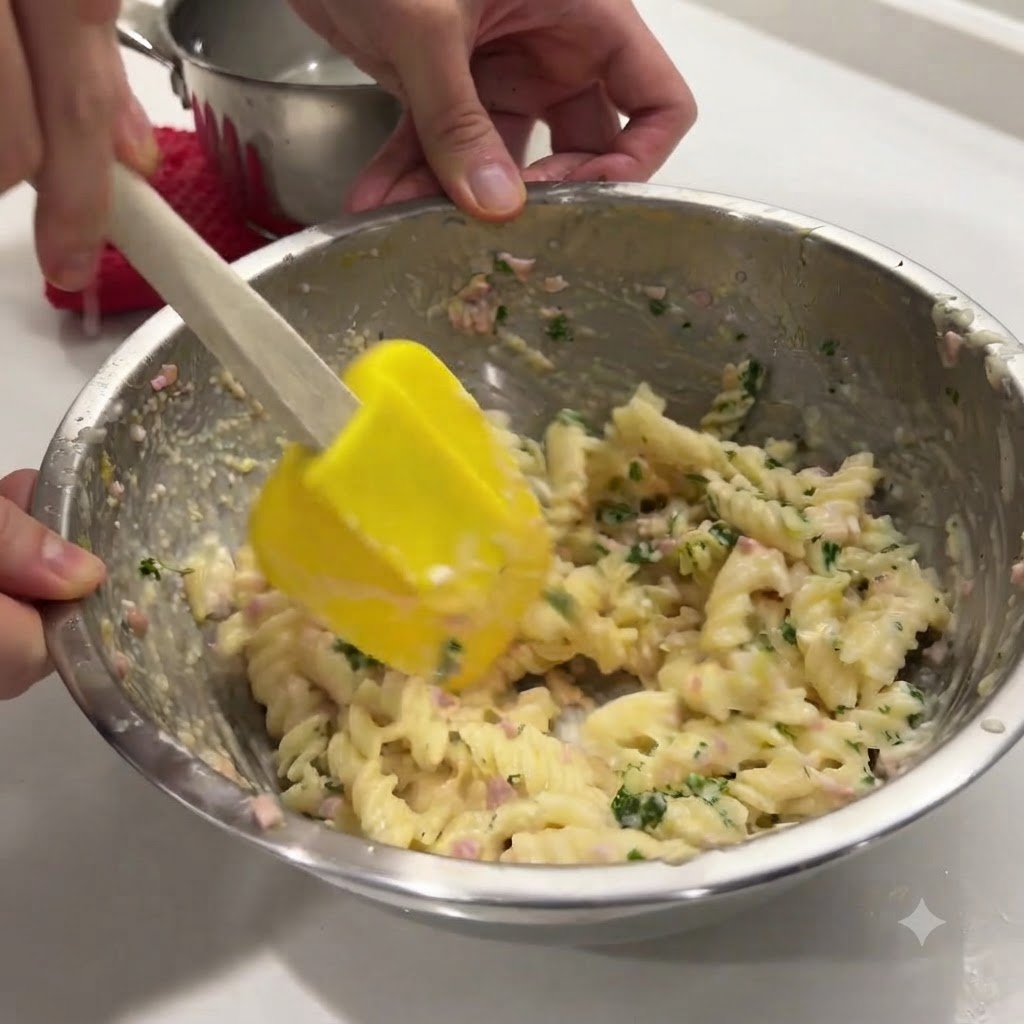 Una spatola gialla che mescola il prezzemolo tritato nella pasta a spirale cremosa.